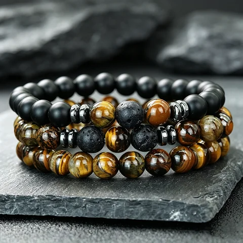 3Pcs/Set Men Natural Tiger Eye Lava Rock Beaded Bracelets Matte Black Onyx Stone Strand Bracelet For Man Stress Relief Yoga
