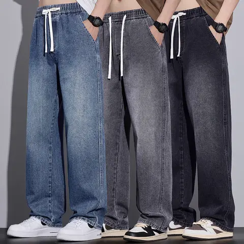 Men's Clothing Wide-leg Pants Baggy Jeans Streetwear Straight Fashion Denim Trousers Y2k Vintage Washed Elastic Waist Man Pants