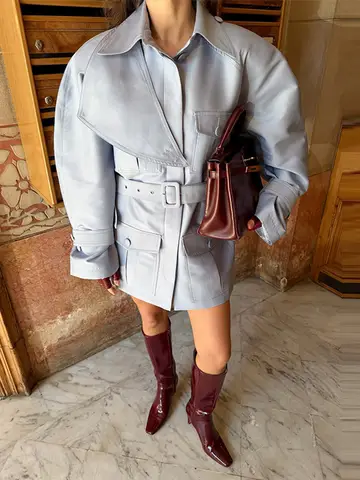 Chic Lapel Pockets Jacket with Belt 2026 Autumn Women's Solid Lace Up Trench Coat Fashion New Lady Long Sleeve Outerwear Street