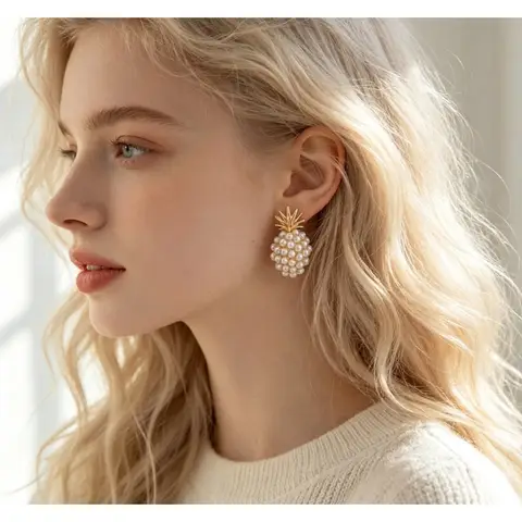Cute Tropical Pearl Pineapple Earrings Gold Plated Leaf Fruit Stud Earrings Summer Ocean Beach Vacation Party Jewelry Gift for Her
