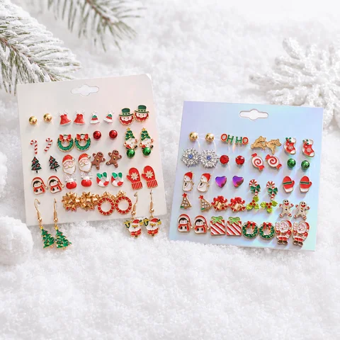 Cute Christmas Earrings Set for Women 20 Pairs Mix Match Stud Dangle Tree Santa Snowman Reindeer Holiday Party Jewelry Gift
