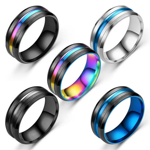 8MM Black Titanium Ring for Men Boys Simple Stainless steel Rings Trendy Rainbow Groove Rings Jewelry Accessories Gifts