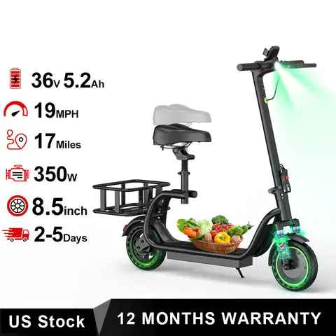 8.5'' Electric Scooter with Seat & basket,350W Motor, Top Speed 19mph, Max 17/25 Miles Ranges, Foldable E-Scooter with Suspension &Adult, Digital Display, Cruise Control