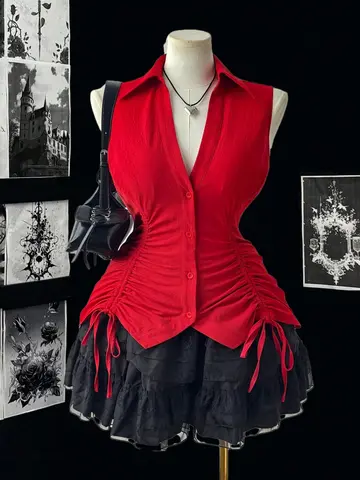 Plus Size 2025 Summer New Women's Big Size Music Festival Tie Bow Slim Slim Sleeveless Shirt Polyester Material