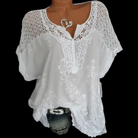 Plus Size Large Size Loose Short-Sleeve Lace Women Blouses&Shirt Cotton Summer Hollowed Out V-neck White Shirt Tops Sexy Fashion