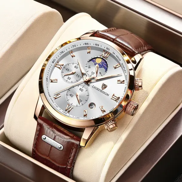 LIGE Casual Men Watch Luxury Leather Waterproof Sport Quartz Wristwatch, Chronograph Military Watch for Men