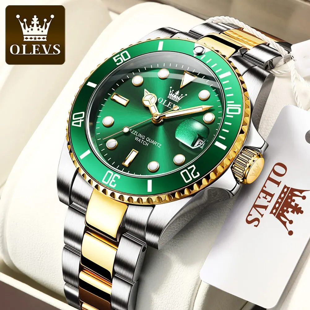 OLEVS Top Original Men Quartz Watch Green Waterproof, Stainless Steel Quartz Men Luxury Watch Luminous Wristwatch