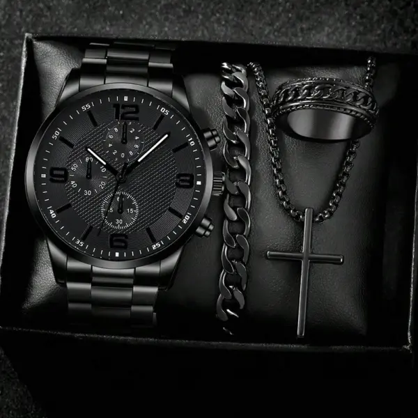 4PCS Business Men's Gift Box Watch Set, Fashion Trend Quartz Watch + Bracelet + Necklace + Ring Set