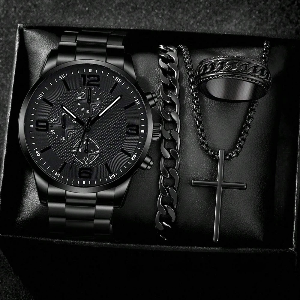 4PCS Business Men's Gift Box Watch Set, Fashion Trend Quartz Watch + Bracelet + Necklace + Ring Set