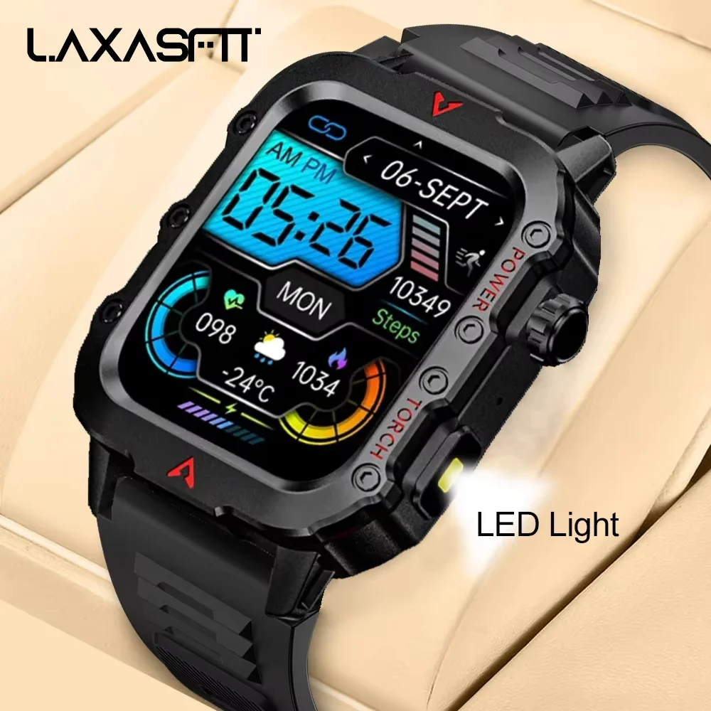 LAXASFIT New Men's Smart Watch LED Flashlight Outdoor Sports Smart Watch, Health Monitoring Wristwatch