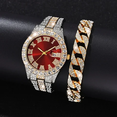2pcs Fashion Diamond Men Women Watches Gold Watch Ladies Wrist Watch Luxury Rhinestone Unisex Bracelet Watches Female Clock