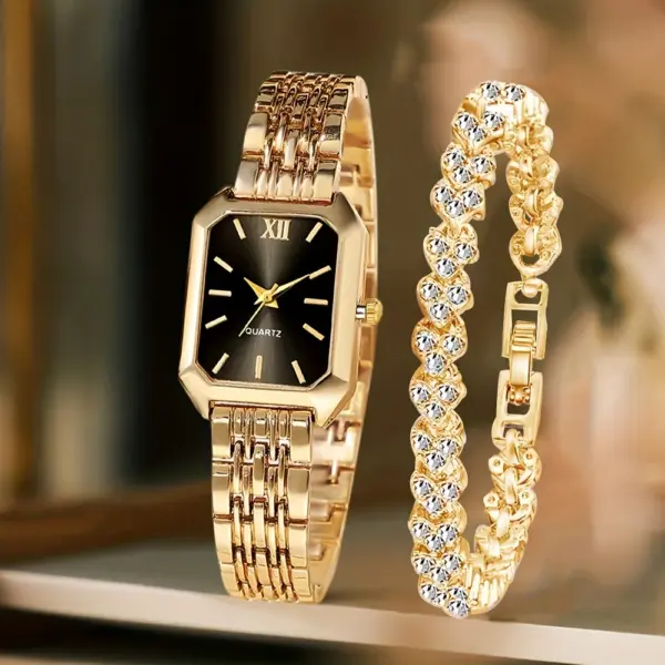 2PCS Fashion Rectangle Women Quartz Watch + Rhinestone Bracelet Set, Ladies Roma Dial Wristwatch