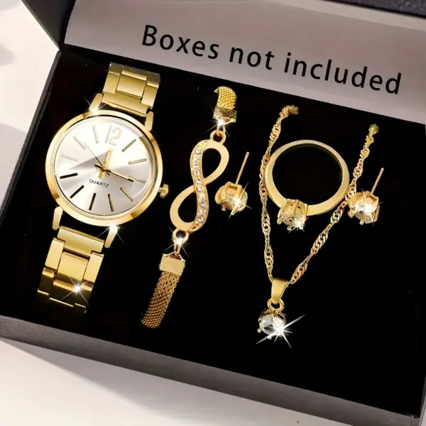 6PCS Women Watch Jewelry Set — Quartz Watch + Crystal Infinity Bracelet, Necklace, Earring, Ring (Without Box)